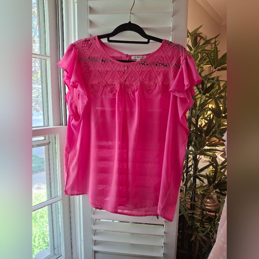 Pink and Orange Flutter Sleeve Blouse with Bib Collar